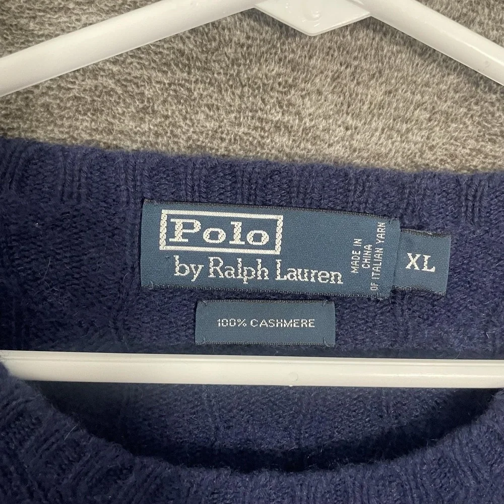 Polo By Ralph Lauren Sweater Mens XL Blue 100% Cashmere Cable Knit Pullover